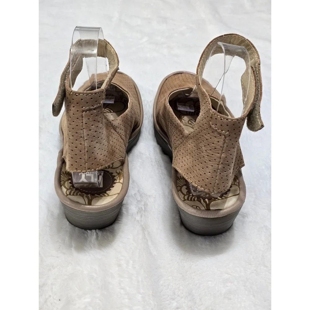 Fly London Yaba Taupe Perforated Suede Wedge Sandals Peep Toe EU 39 P500376030